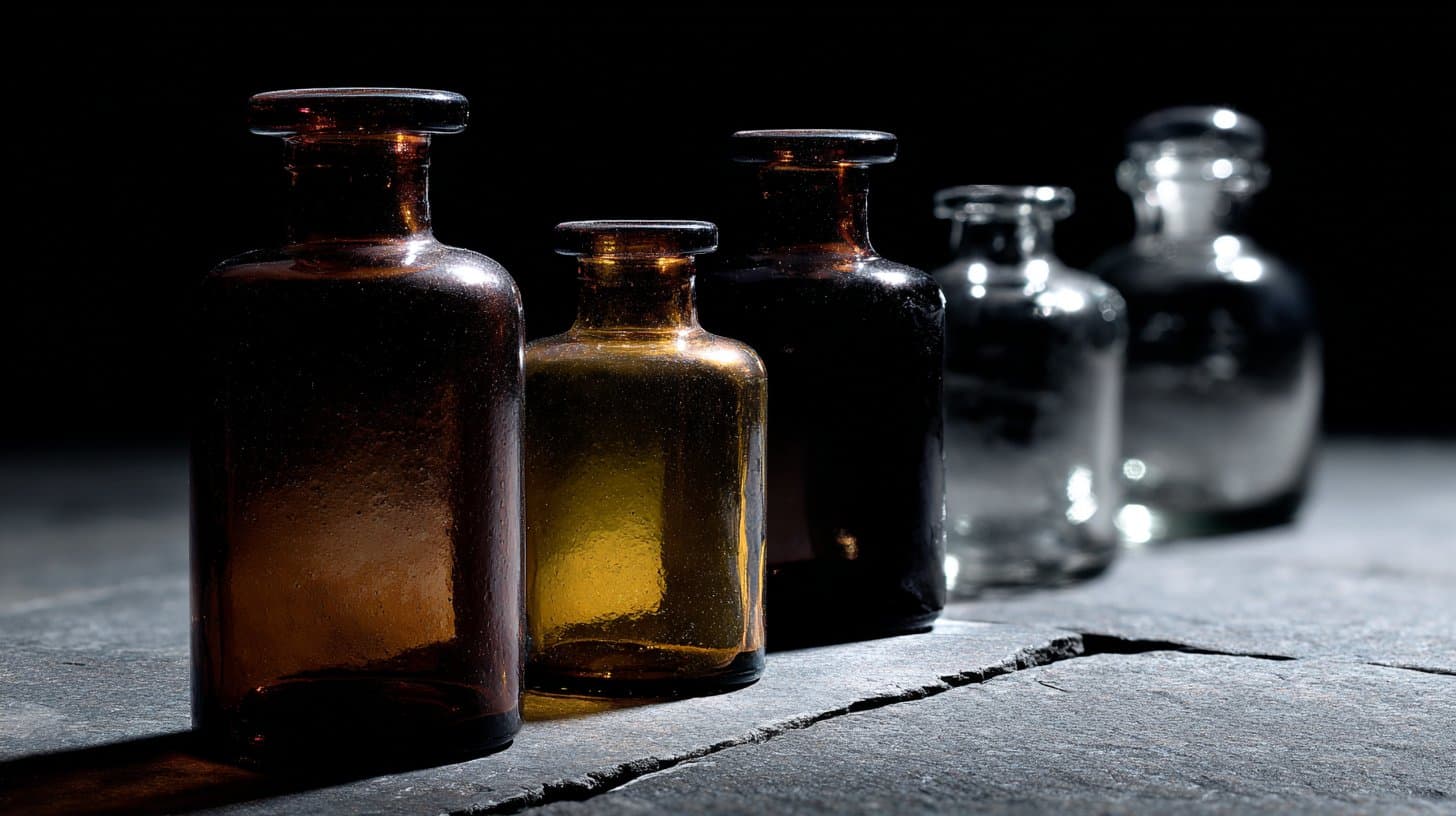 Apothecary glass bottles on dark slate